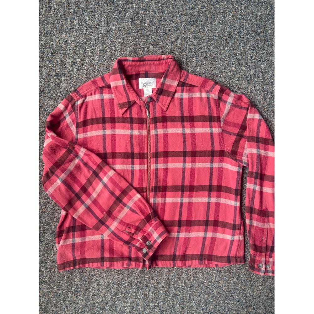 Pink Plaid Flannel Zip Up Flannel Shirt Jacket Women XL Cottagecore Grunge